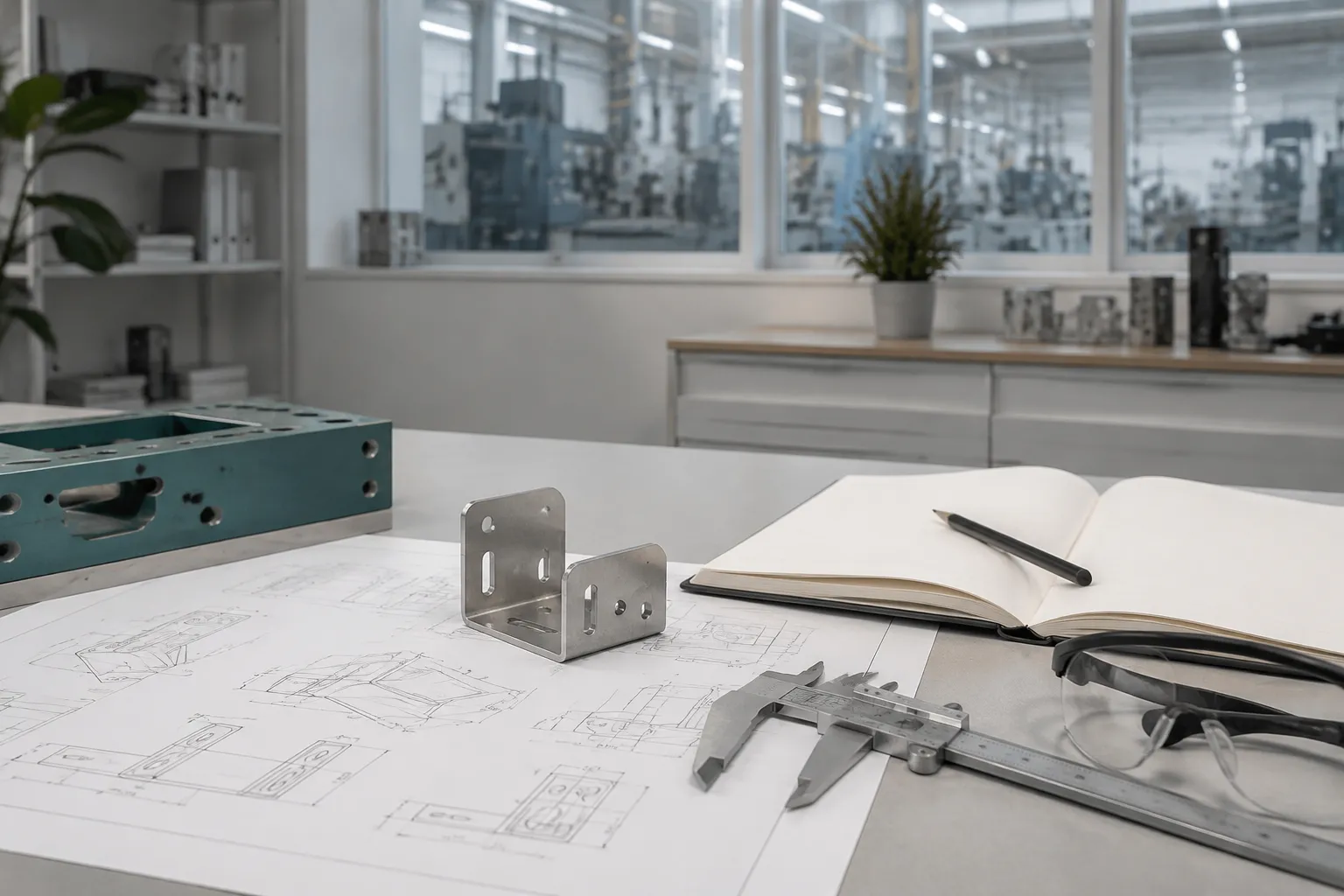 Illustrative engineering desk with drawings and a formed metal component